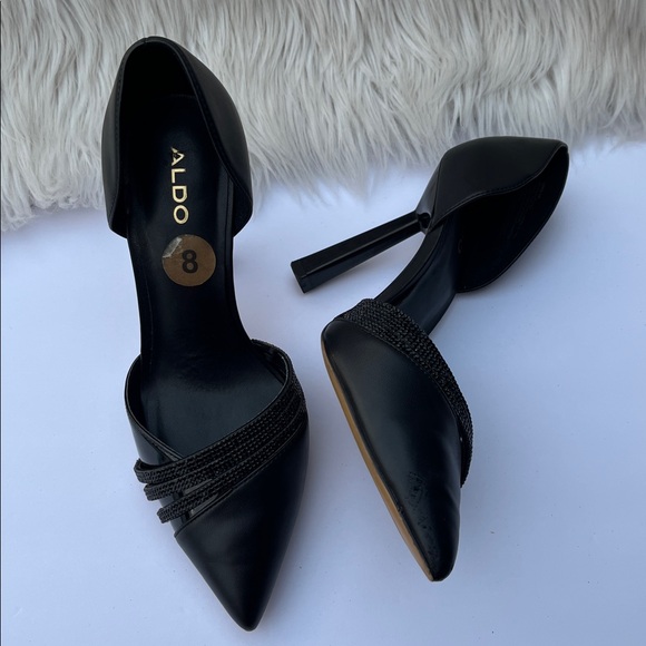 ALDO “CARYY” Textured D’Orsay Pointed Toe Black Pumps w/ Rhinestone Straps SZ:8 - Picture 8 of 12